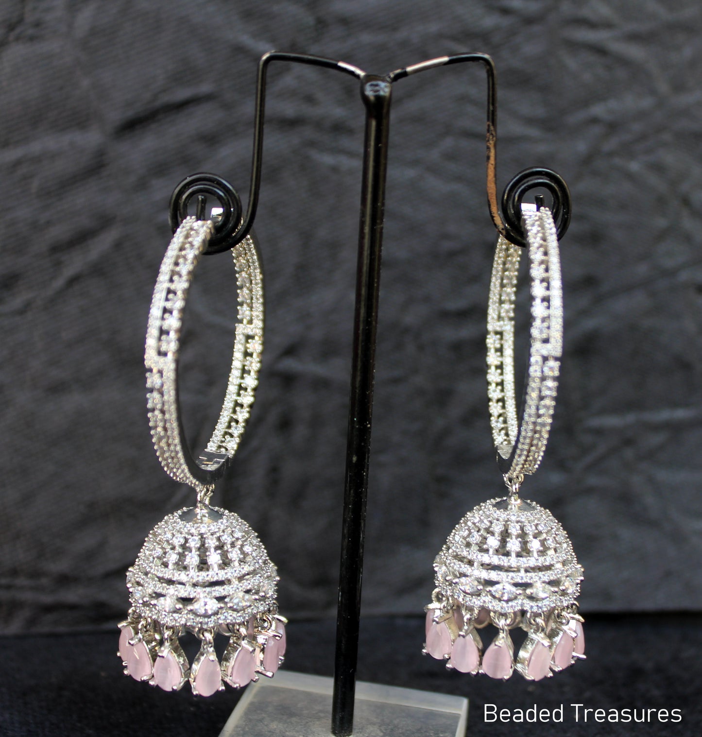 Elegant CZ Hoop Jhumka Earrings with Pink Drops - Beaded Treasures