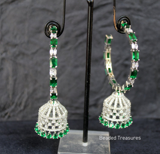 Elegant CZ Hoop Jhumka Earrings with Green Drops - Beaded Treasures