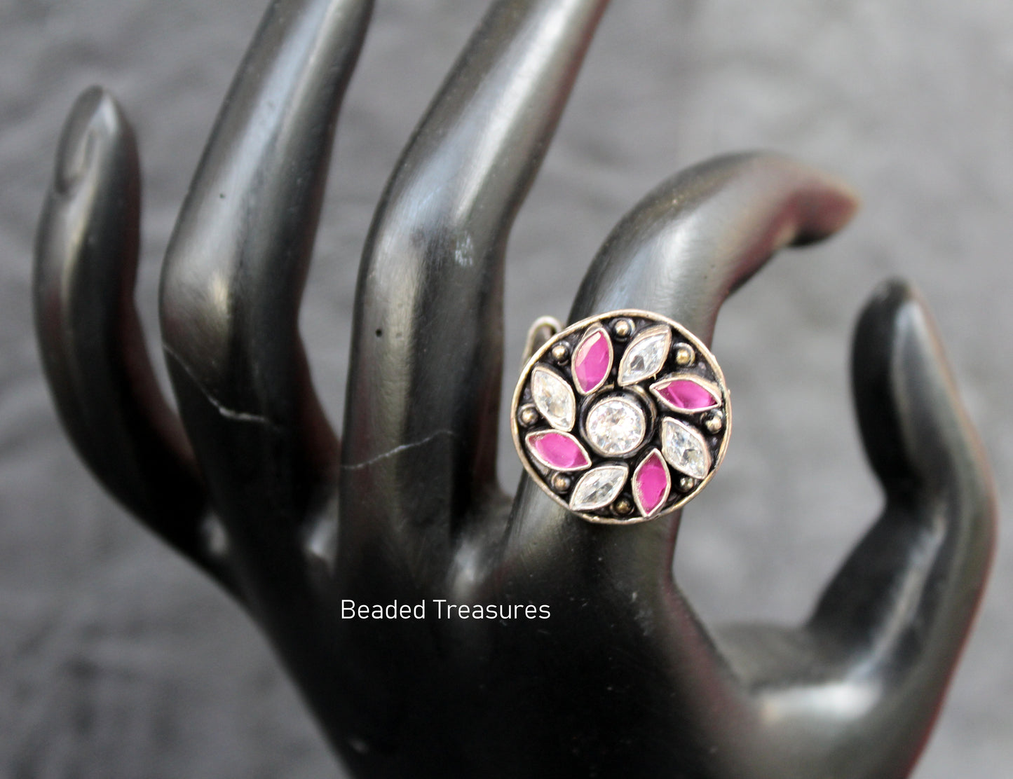 Oxidized Silver Style Adjustable Finger Ring with Pink & White Stones - Beaded Treasures