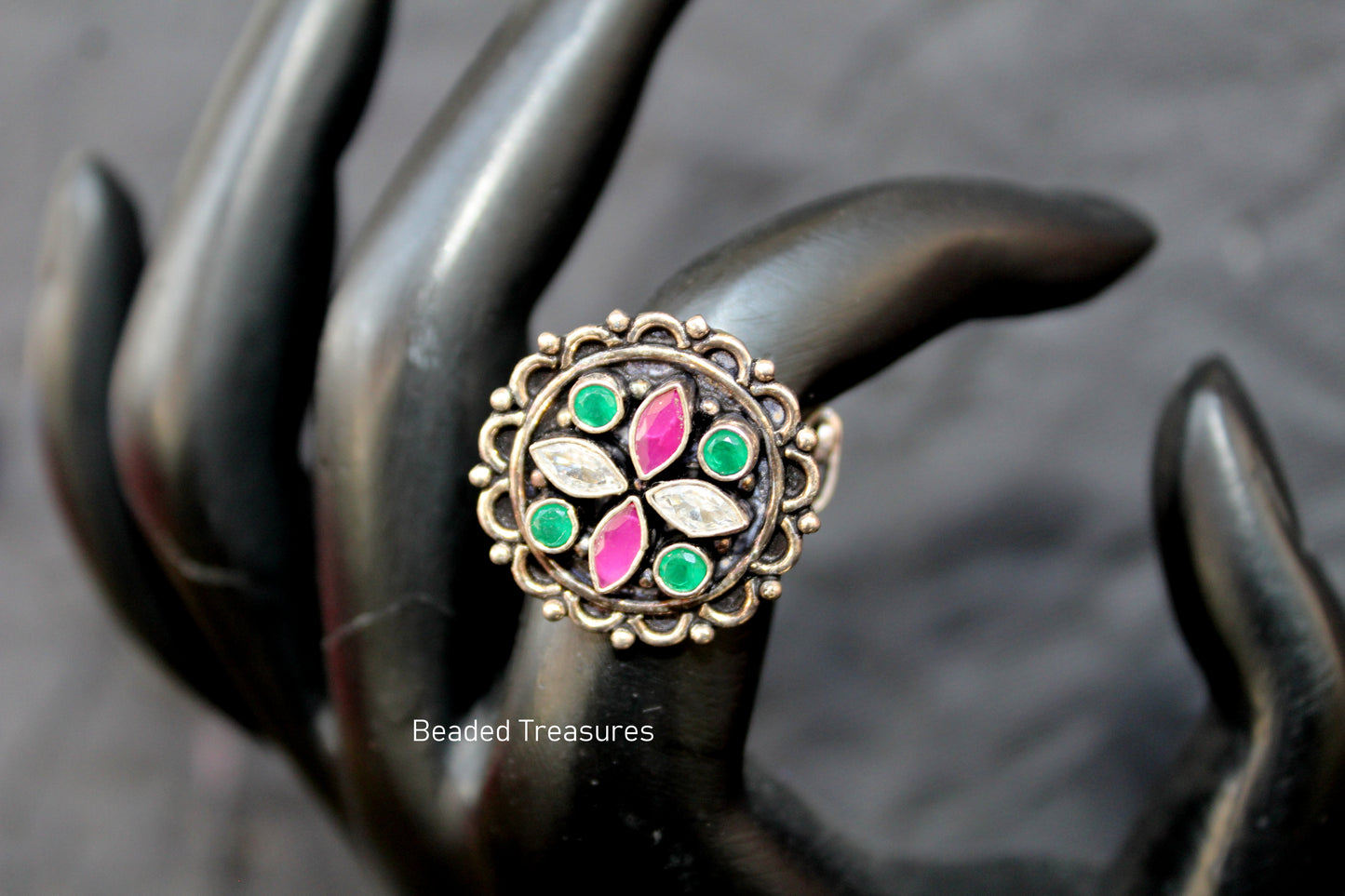 Oxidized Silver Style Adjustable Floral Ring with Pink, Green & White Stones - Beaded Treasures