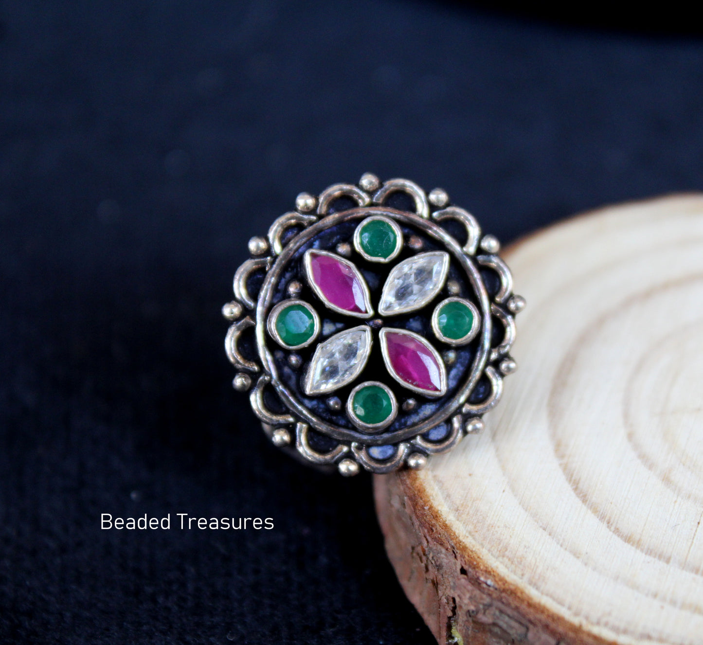 Oxidized Silver Style Adjustable Floral Ring with Pink, Green & White Stones - Beaded Treasures