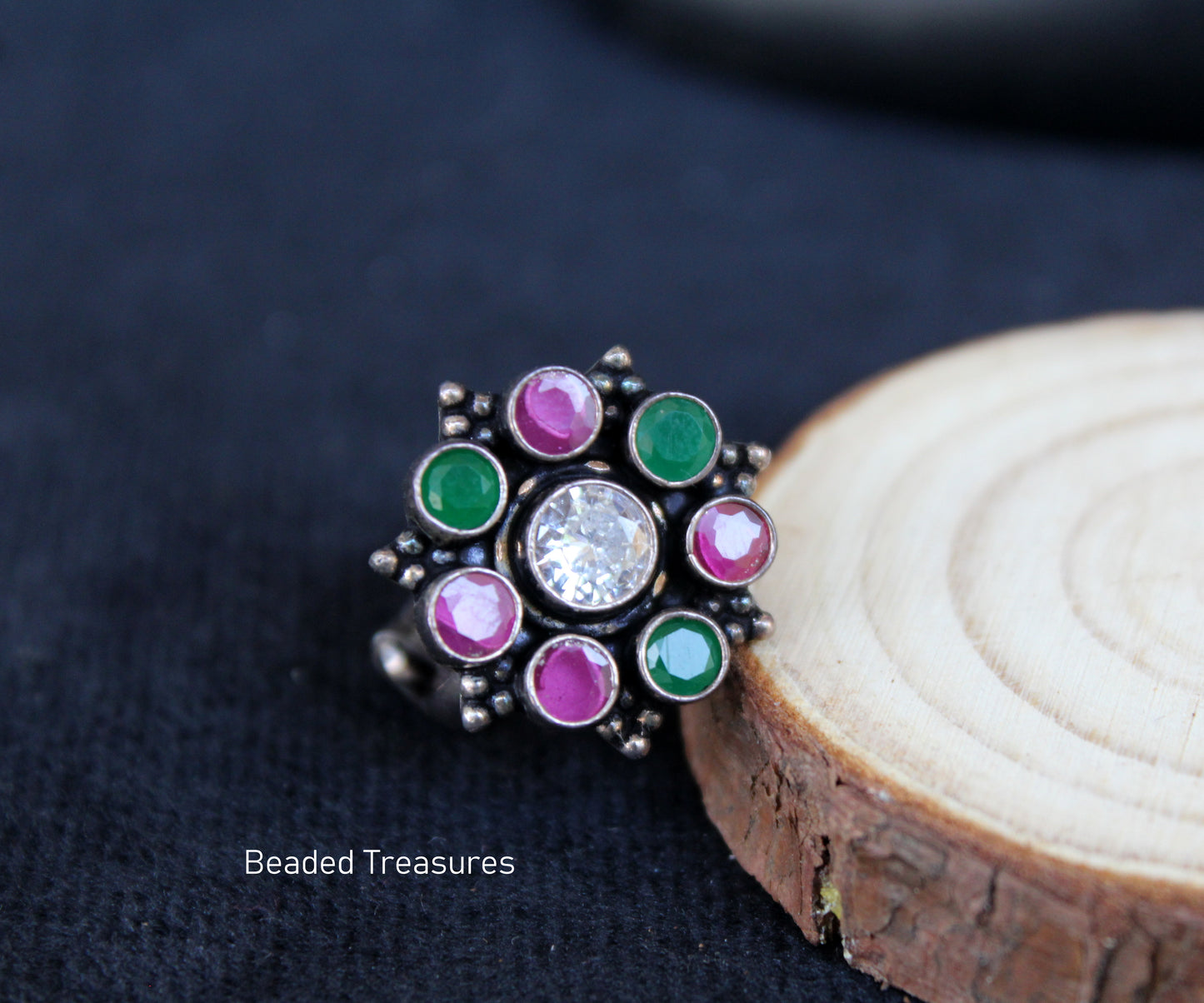 Oxidized Silver Style Adjustable Floral Ring with Pink, Green & White Stones - Beaded Treasures