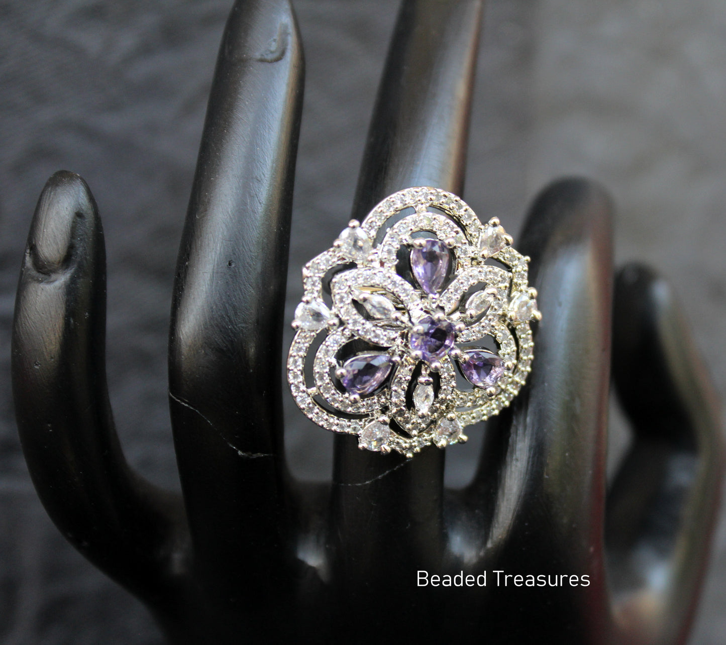Elegant Rhodium Plated CZ Finger Ring with Purple Accents - Beaded Treasures