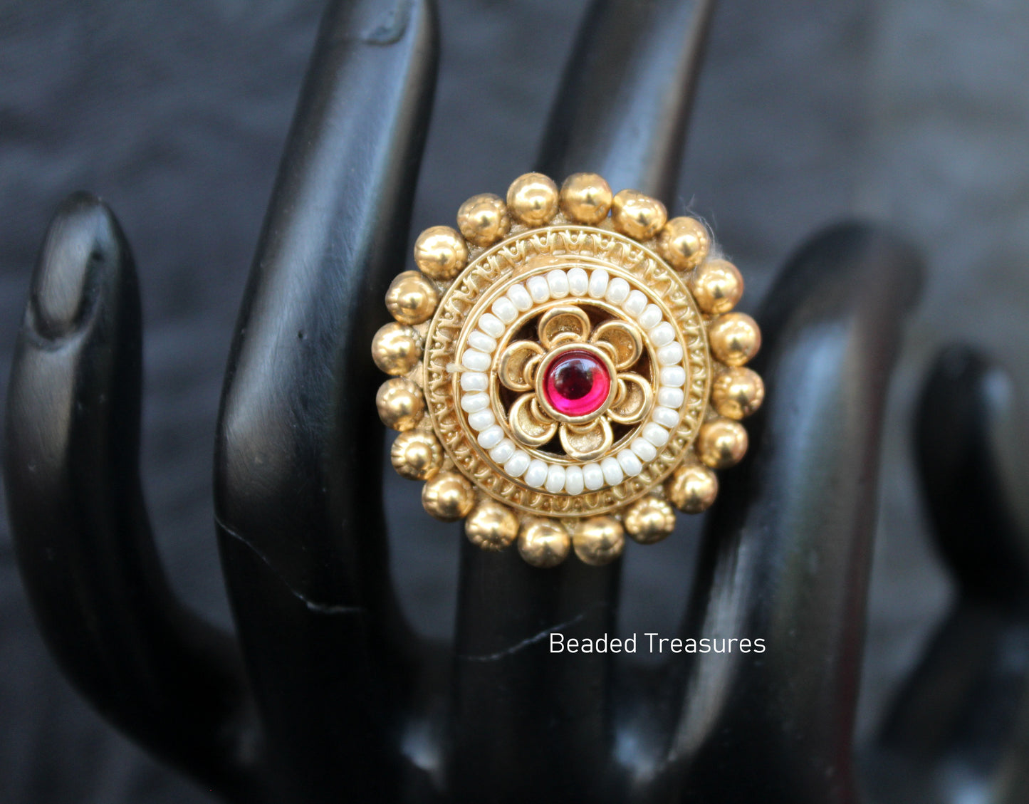 Adjustable Gold-Toned Kundan & Pearl Finger Ring - Beaded Treasures