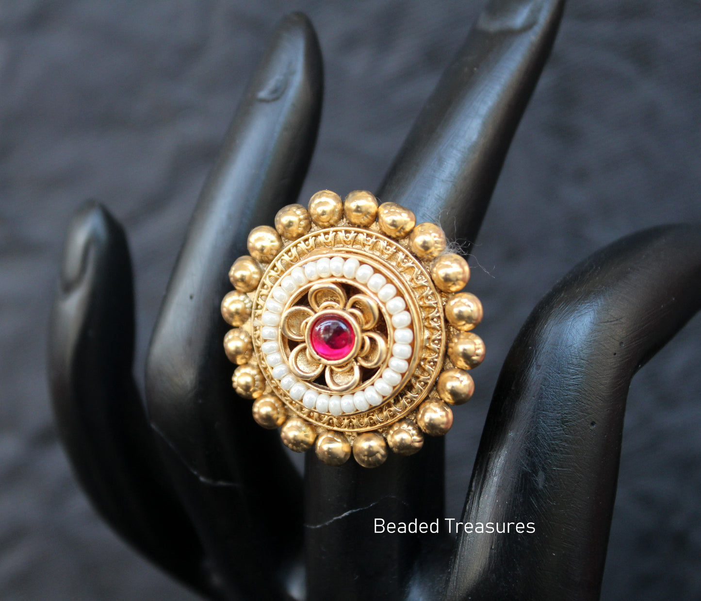 Adjustable Gold-Toned Kundan & Pearl Finger Ring - Beaded Treasures