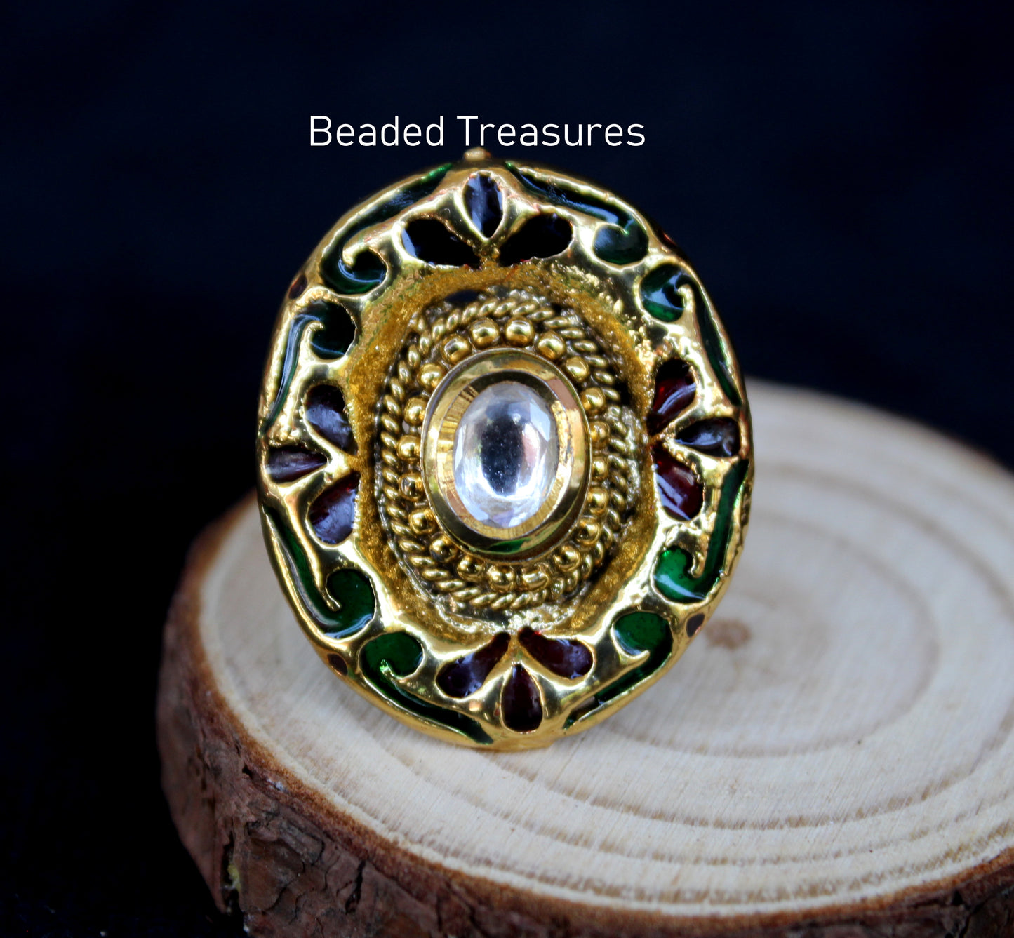 Adjustable Gold-Toned Kundan & Enamel Finger Ring - Beaded Treasures Bengaluru