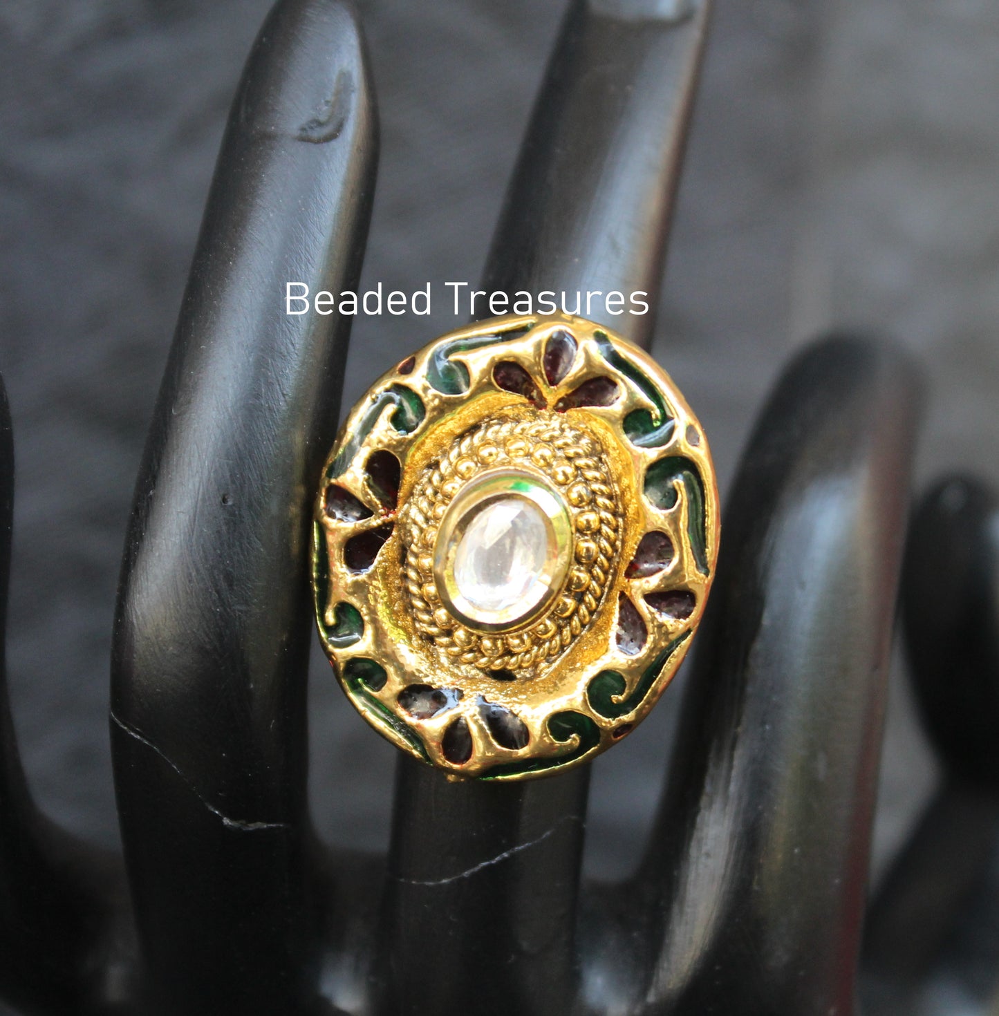 Adjustable Gold-Toned Kundan & Enamel Finger Ring - Beaded Treasures Bengaluru