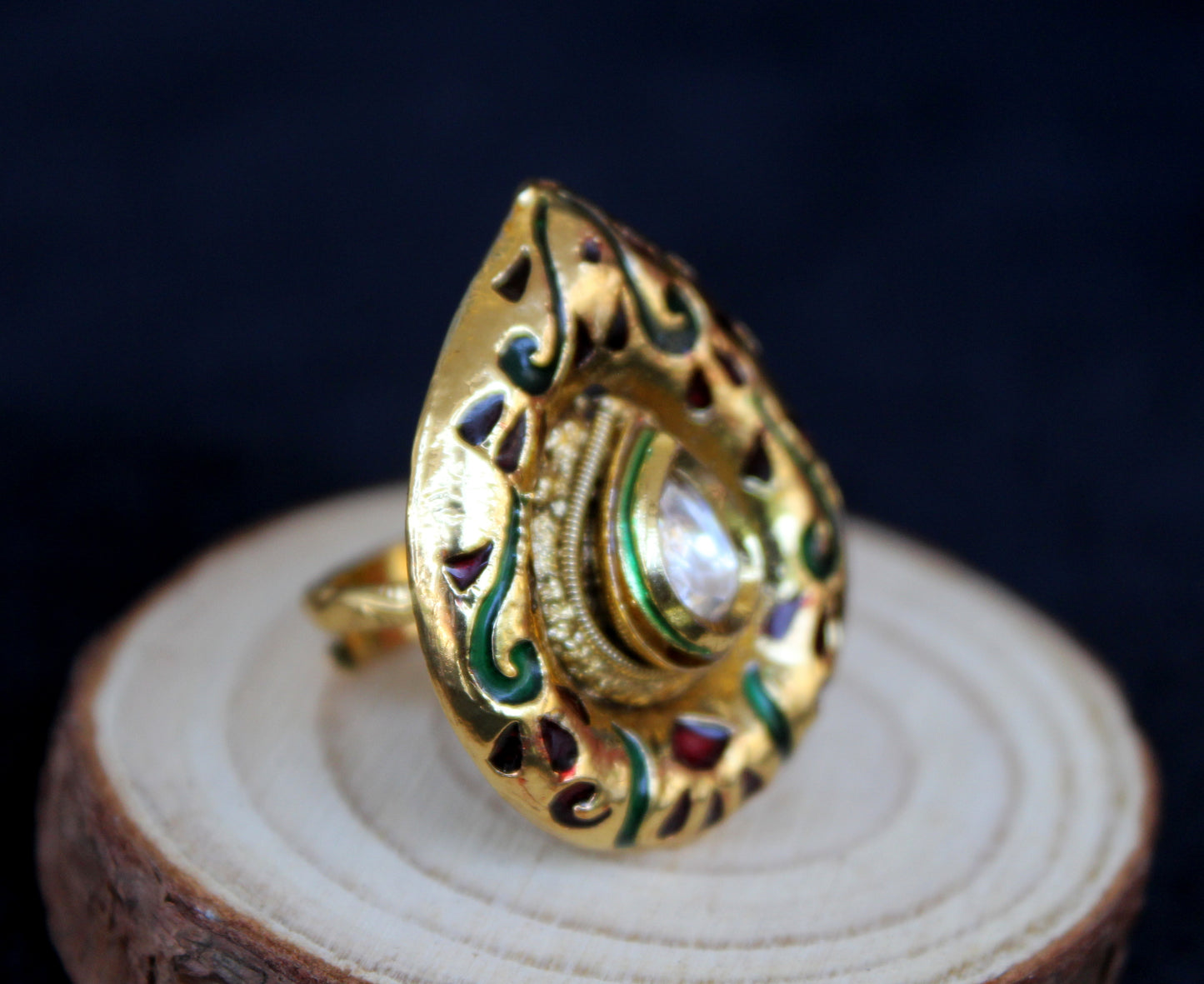 Adjustable Gold-Toned Kundan & Enamel Finger Ring - Beaded Treasures