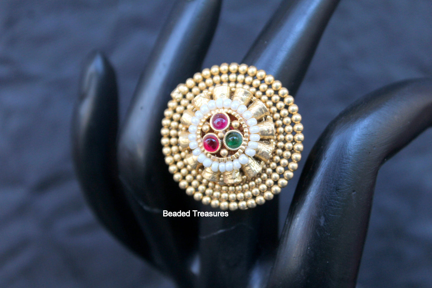 Adjustable Gold-Toned Kundan & Gemstone Finger Ring - Beaded Treasures