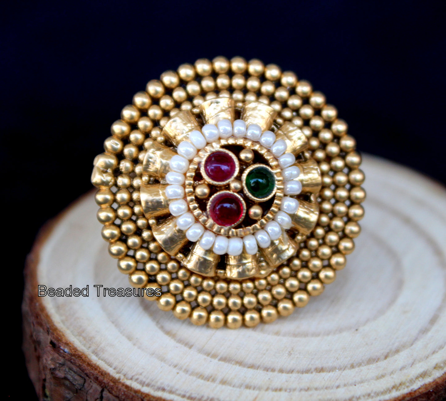 Adjustable Gold-Toned Kundan & Gemstone Finger Ring - Beaded Treasures