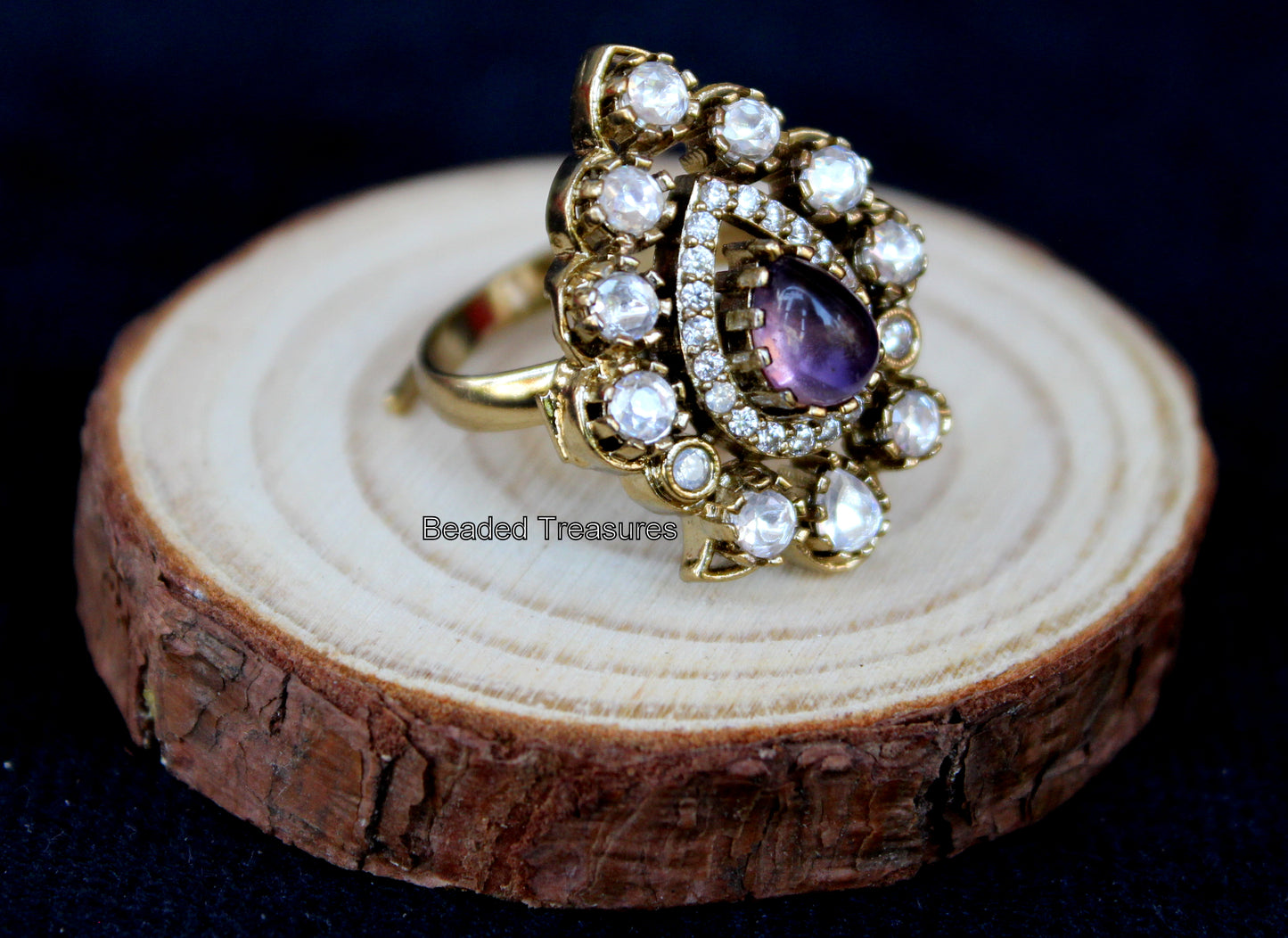 Adjustable Gold-Toned CZ & Purple Stone Finger Ring - Beaded Treasures