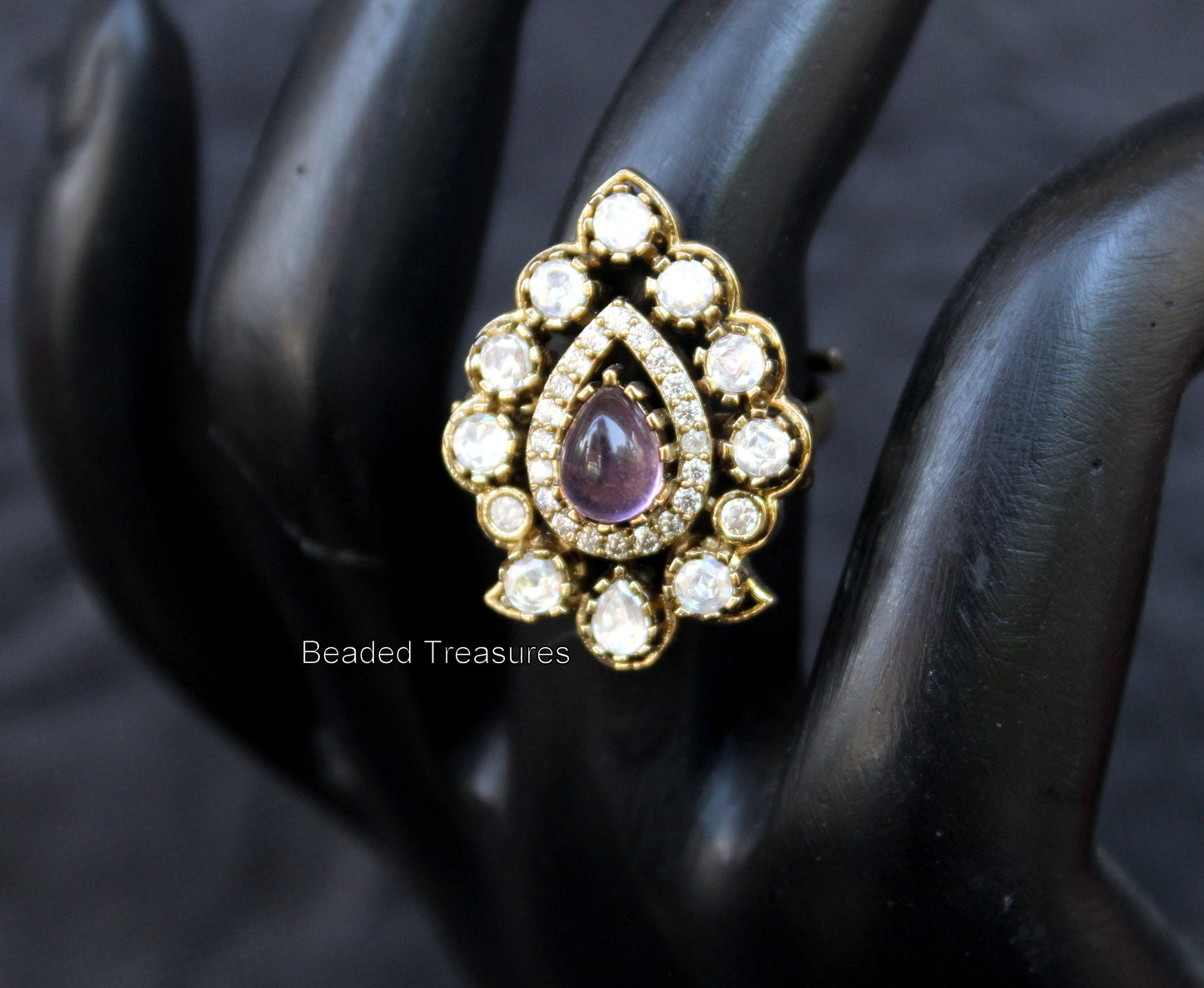 Adjustable Gold-Toned CZ & Purple Stone Finger Ring - Beaded Treasures