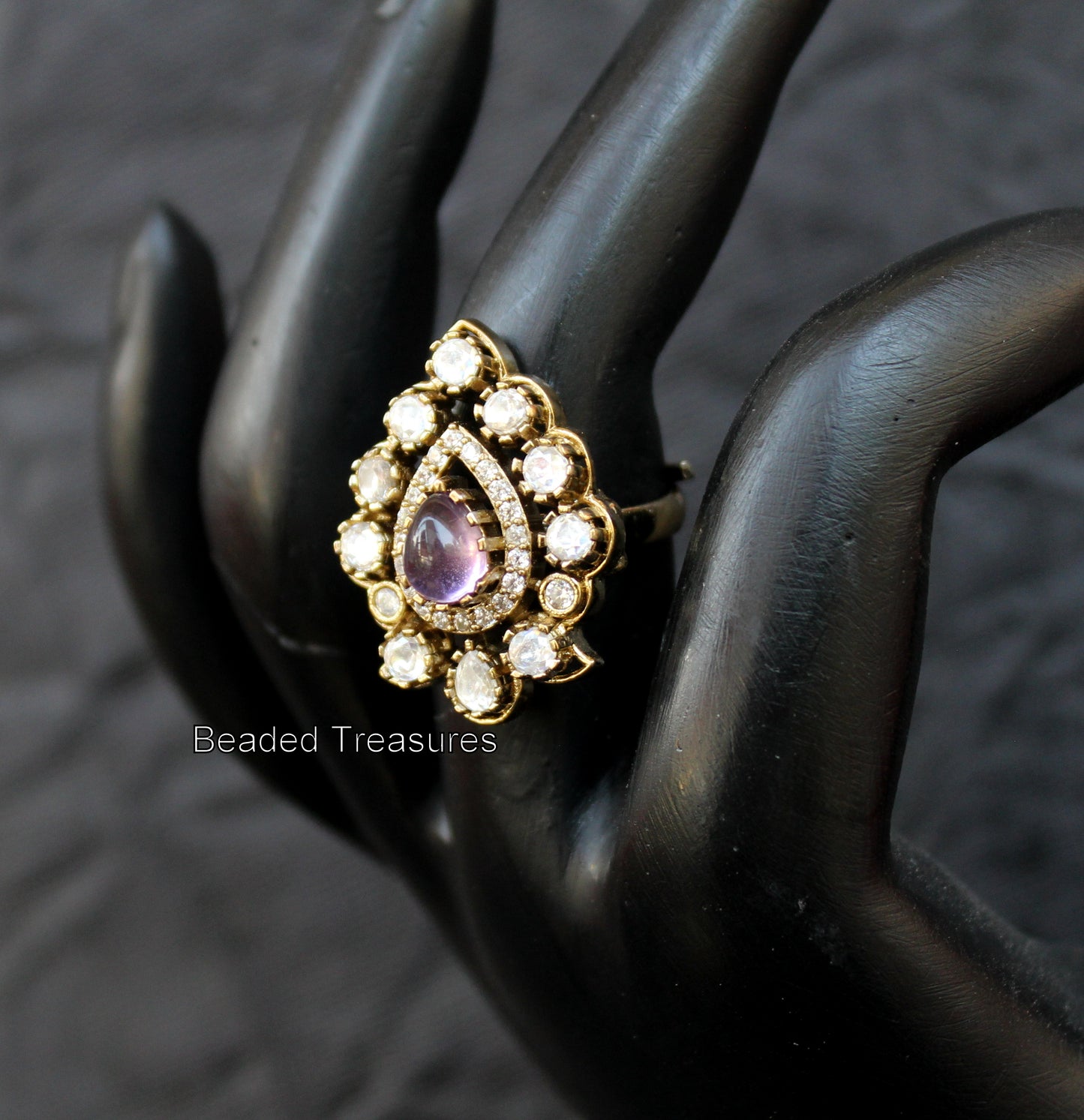 Adjustable Gold-Toned CZ & Purple Stone Finger Ring - Beaded Treasures