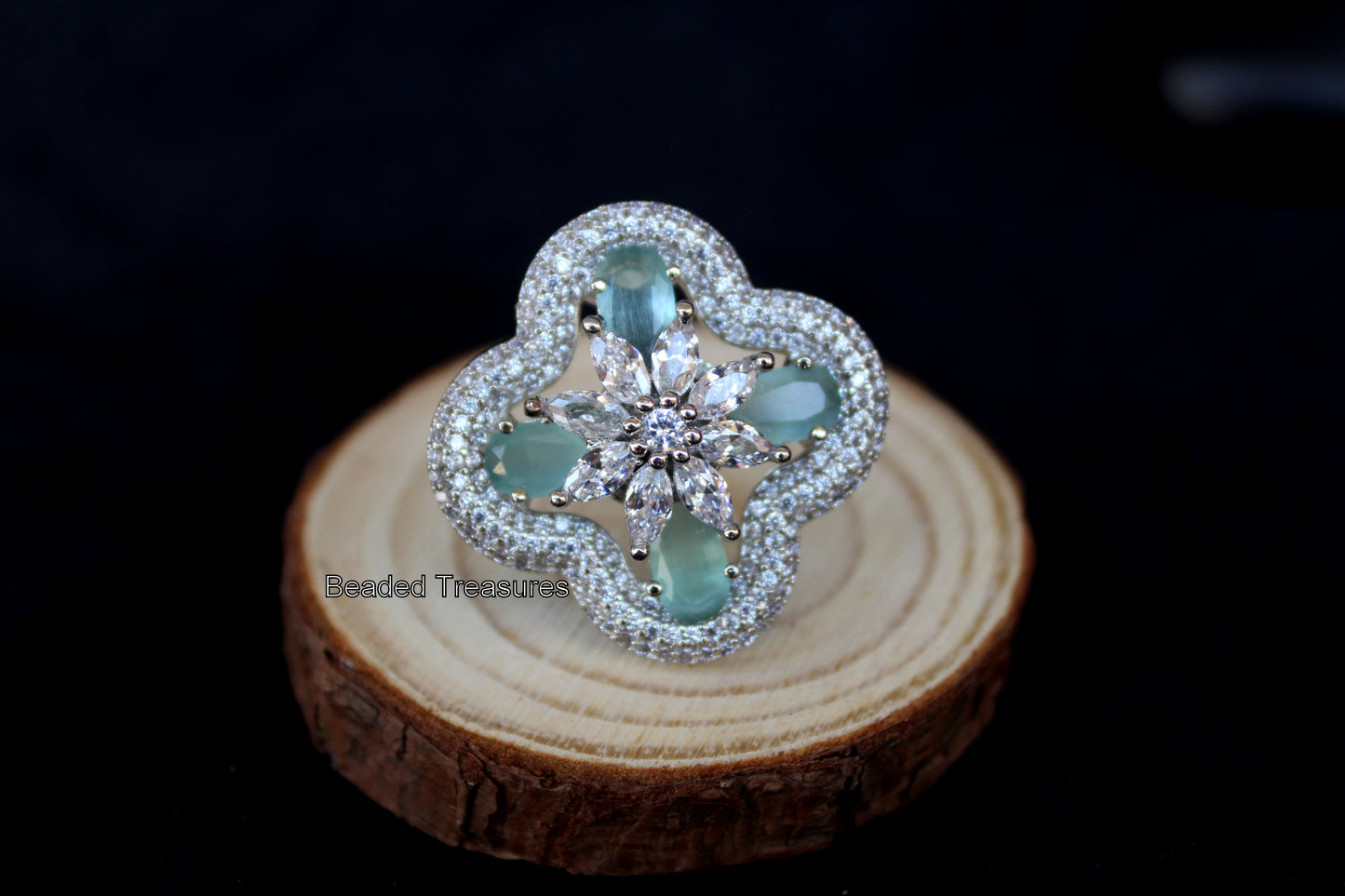 Elegant Rhodium Plated CZ & Aquamarine Stone Finger Ring - Beaded Treasures