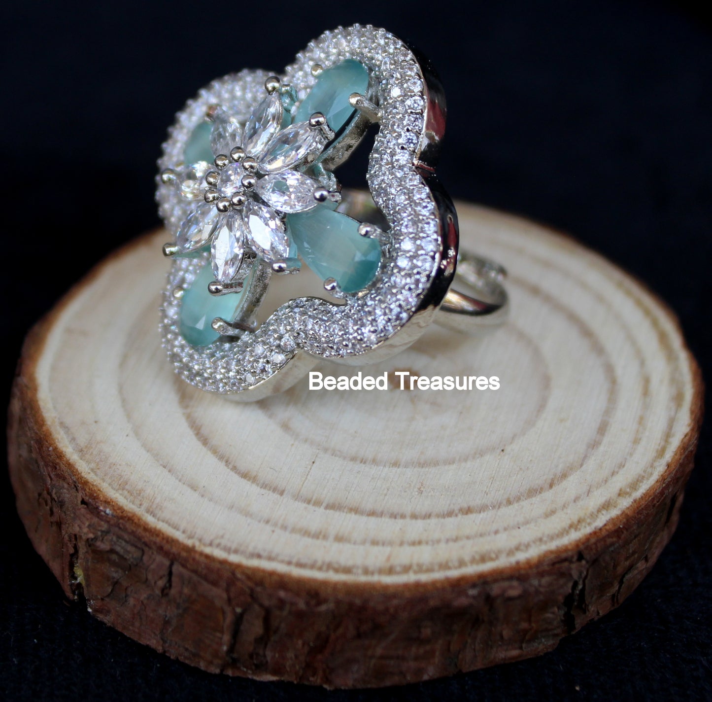 Elegant Rhodium Plated CZ & Aquamarine Stone Finger Ring - Beaded Treasures