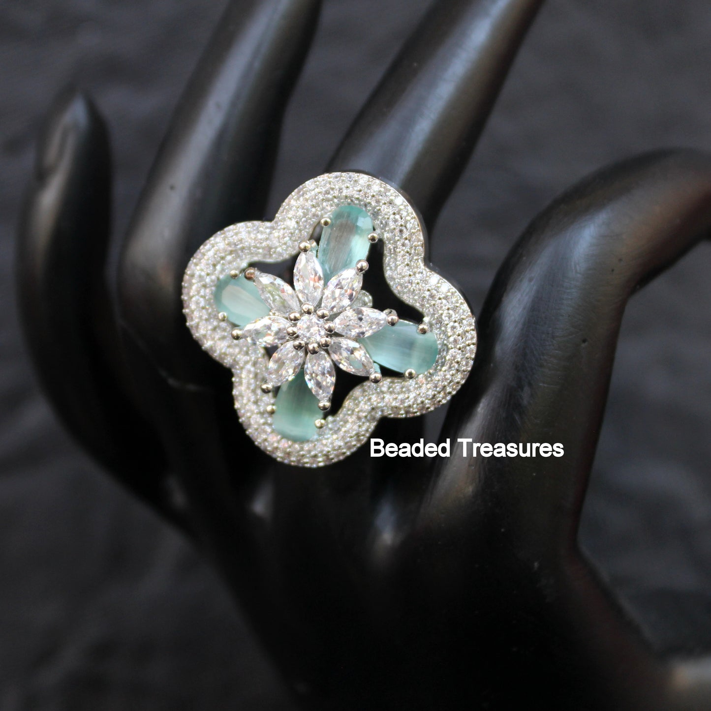 Elegant Rhodium Plated CZ & Aquamarine Stone Finger Ring - Beaded Treasures