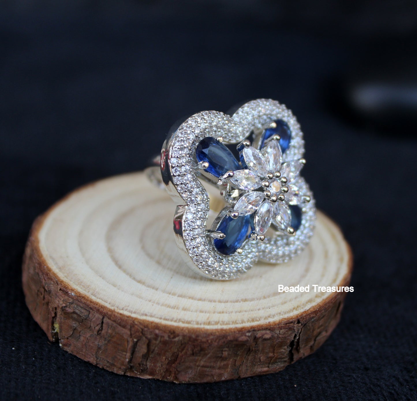 Elegant Rhodium Plated CZ & Blue Stone Finger Ring - Beaded Treasures
