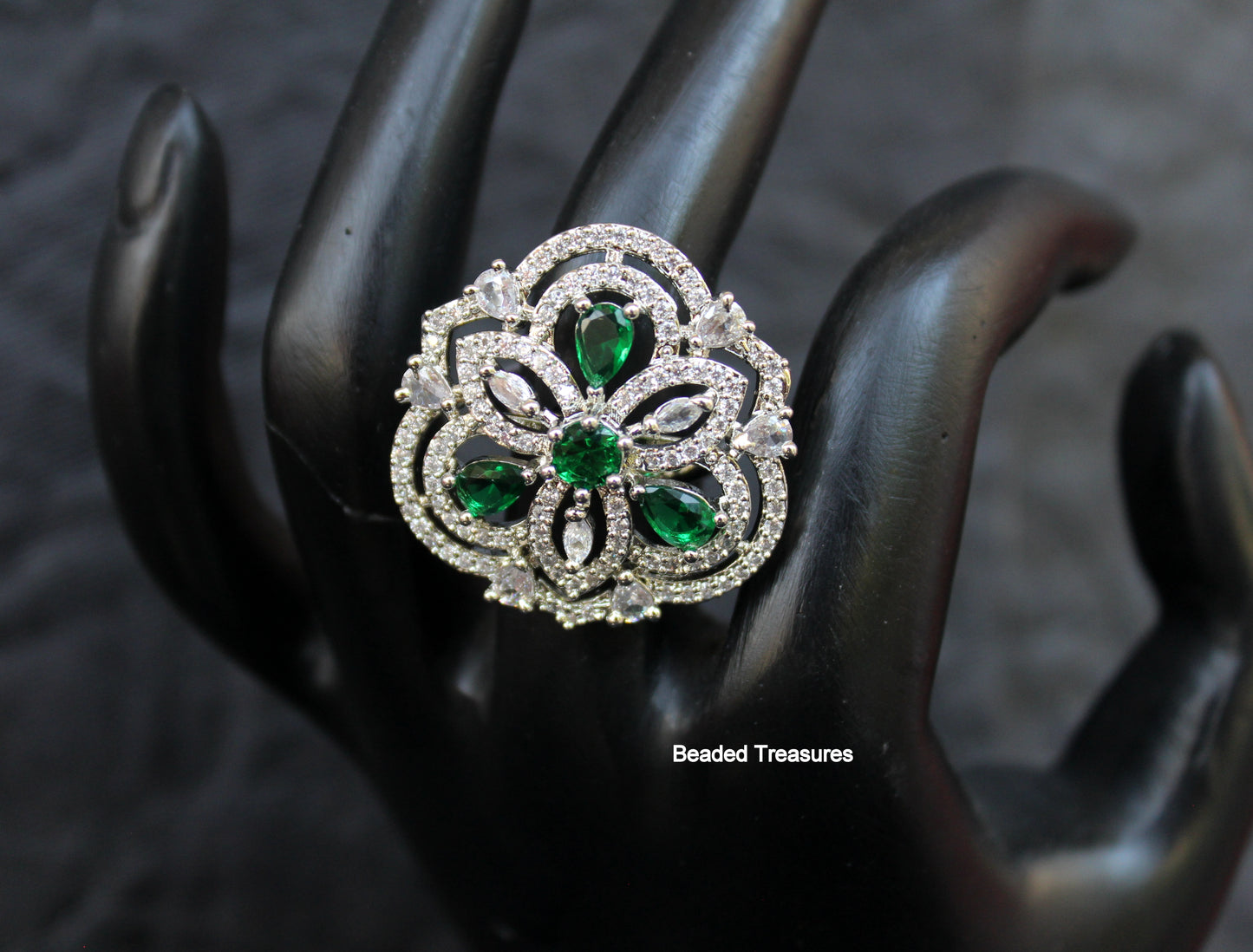 Elegant Rhodium Plated CZ & Green Stone Finger Ring - Beaded Treasures