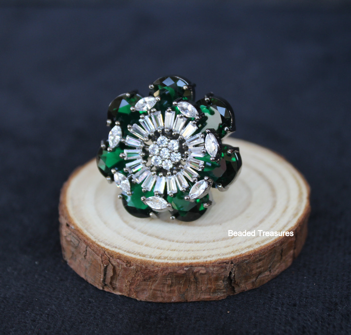 Elegant Rhodium Plated CZ & Emerald Green Stone Finger Ring - Beaded Treasures