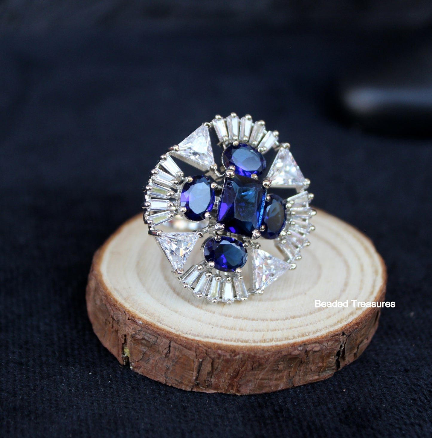 Striking Rhodium Plated Blue & Clear AD Finger Ring - Beaded Treasures