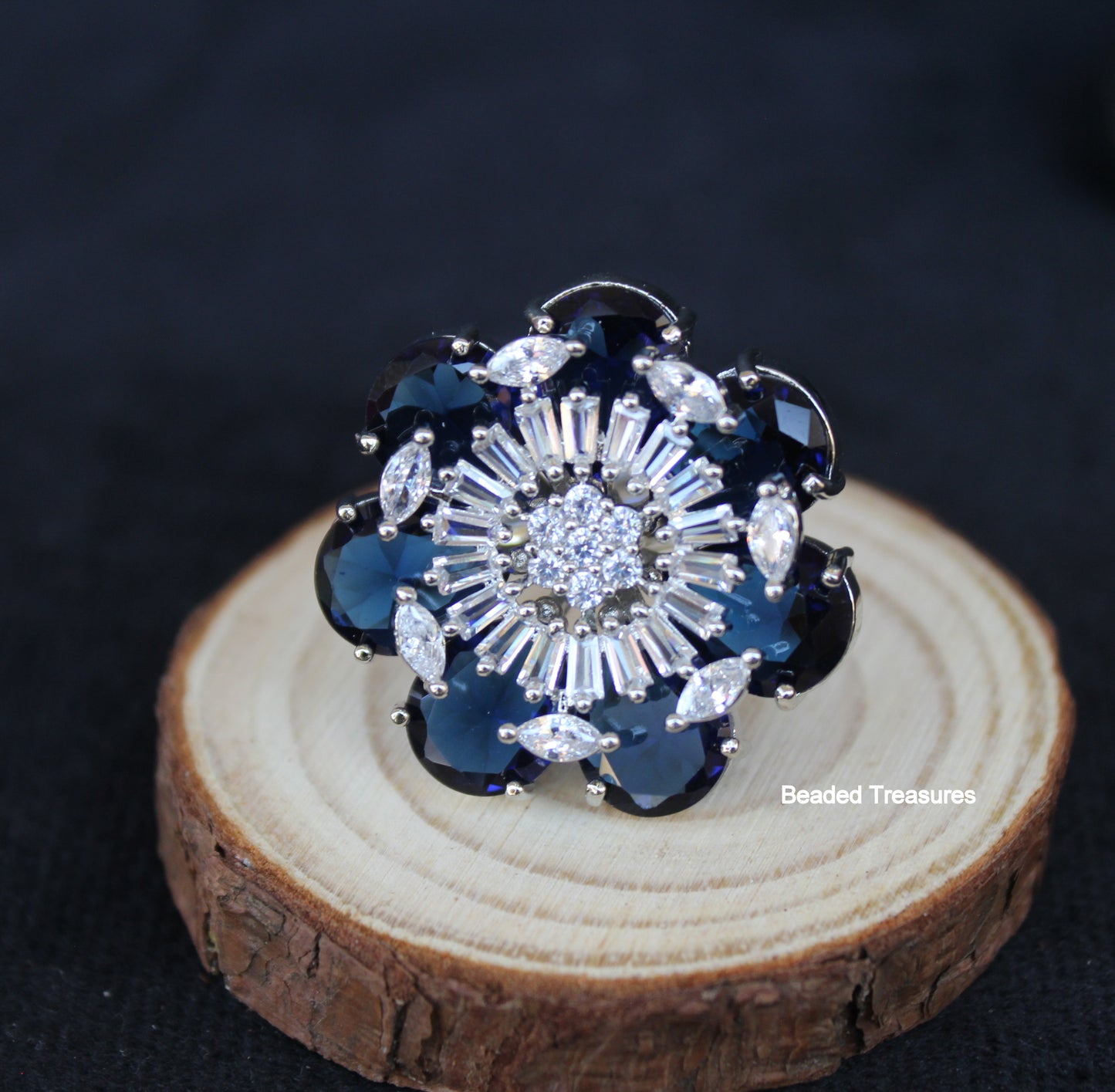 Elegant Rhodium Plated CZ & Dark Blue Stone Finger Ring - Beaded Treasures