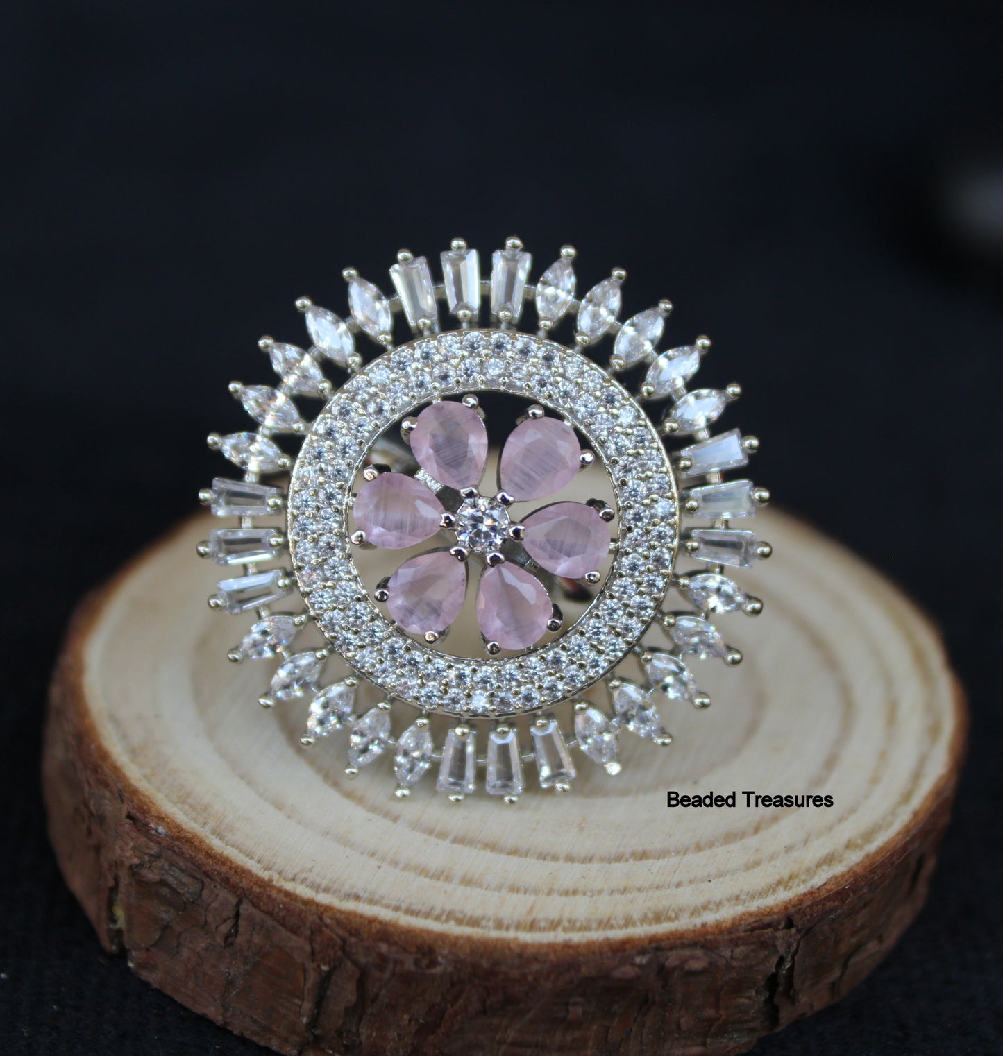 Elegant Rhodium Plated CZ & Light Pink Stone Finger Ring - Beaded Treasures