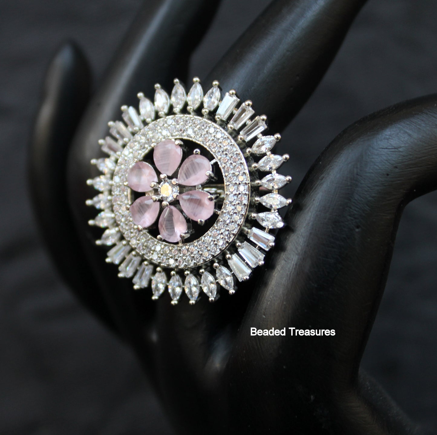 Elegant Rhodium Plated CZ & Light Pink Stone Finger Ring - Beaded Treasures