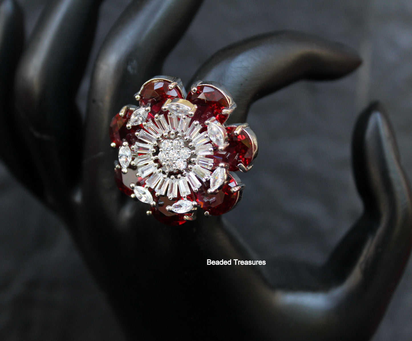 Elegant Rhodium Plated CZ & Ruby-Colored Stone Finger Ring - Beaded Treasures