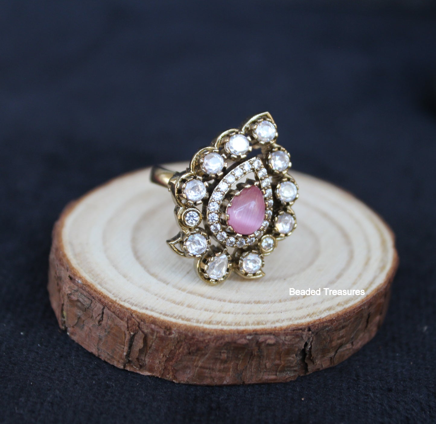 Adjustable Antique Gold Tone CZ & Pink Stone Finger Ring - Beaded Treasures
