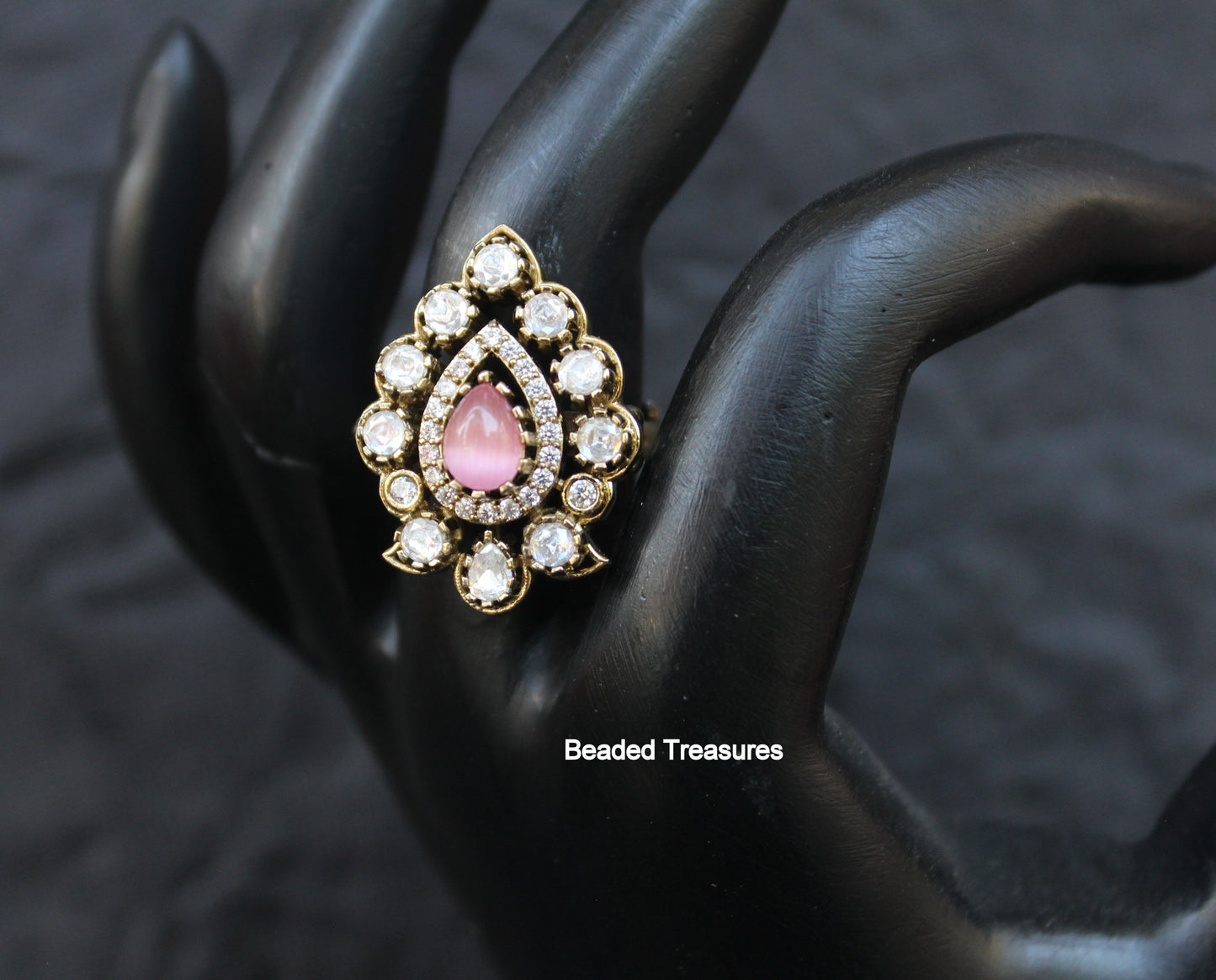 Adjustable Antique Gold Tone CZ & Pink Stone Finger Ring - Beaded Treasures