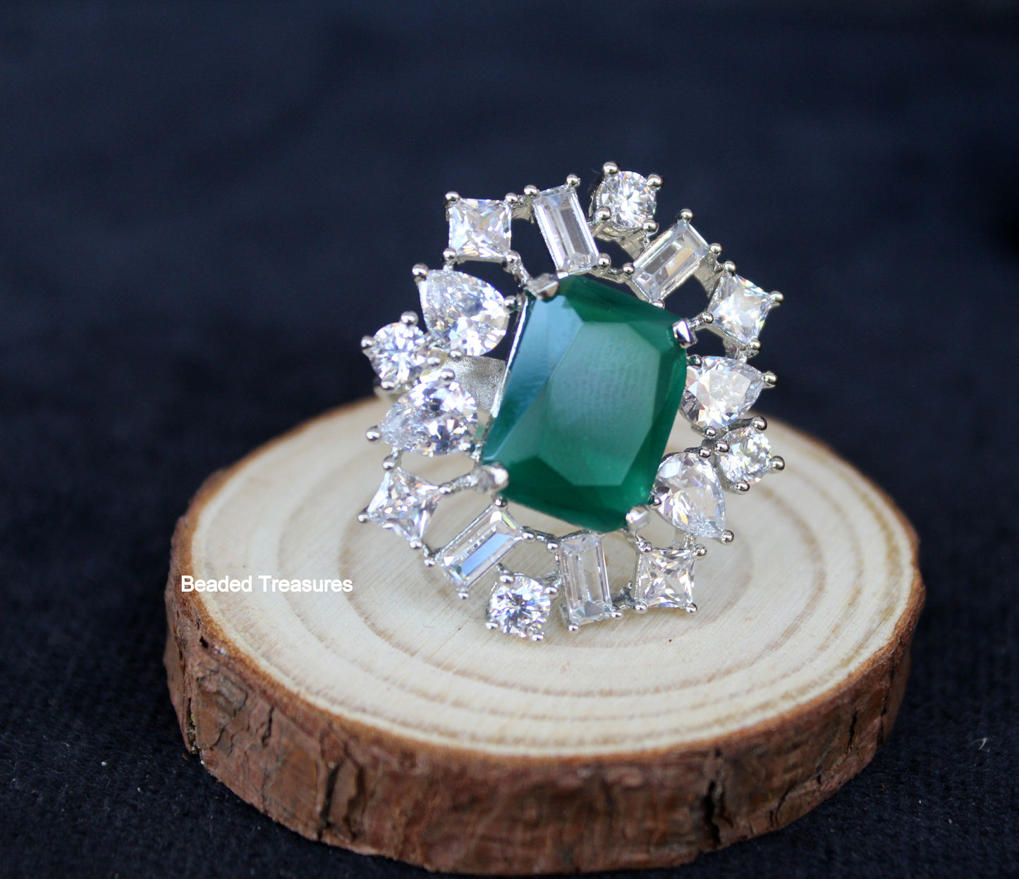 Elegant Rhodium Plated CZ & Emerald Green Stone Finger Ring - Beaded Treasures