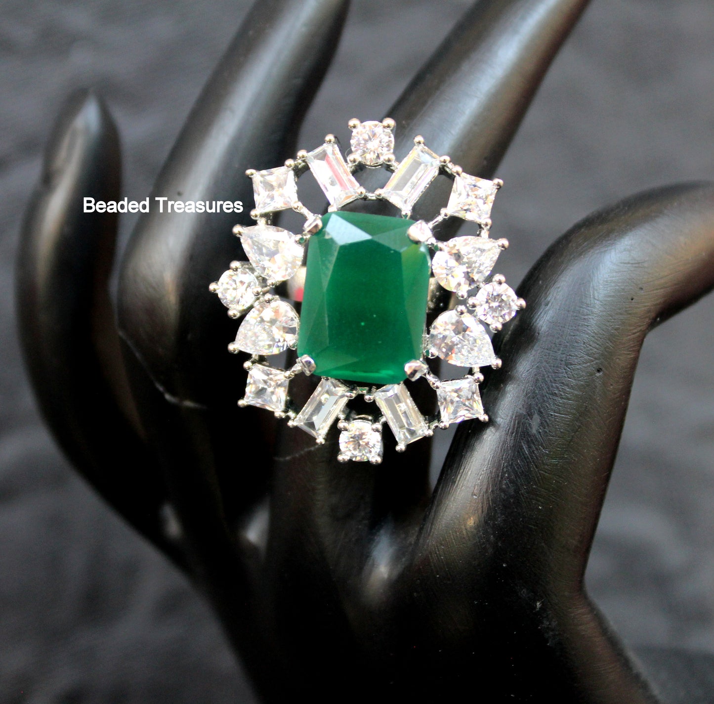 Elegant Rhodium Plated CZ & Emerald Green Stone Finger Ring - Beaded Treasures