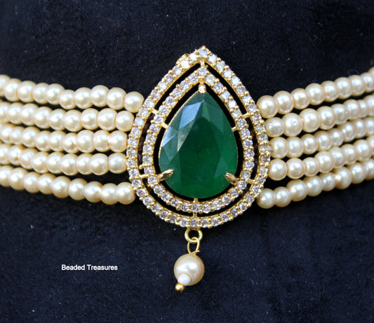 Elegant Pearl Choker with Green Stone Pendant