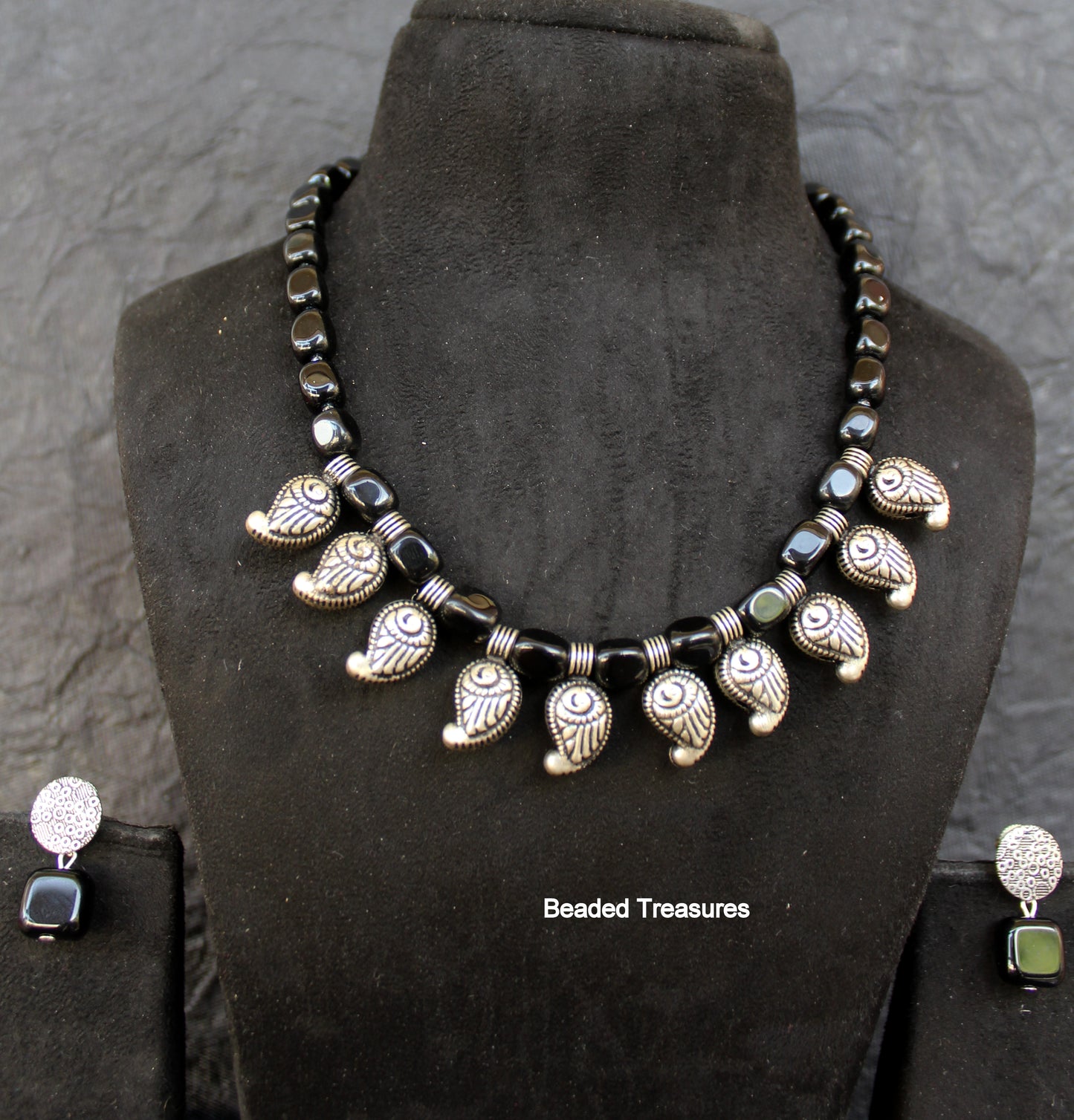 Black Beads German Silver Paisley Necklace Set with Earrings - Beaded Treasures