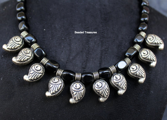 Black Beads German Silver Paisley Necklace Set with Earrings - Beaded Treasures