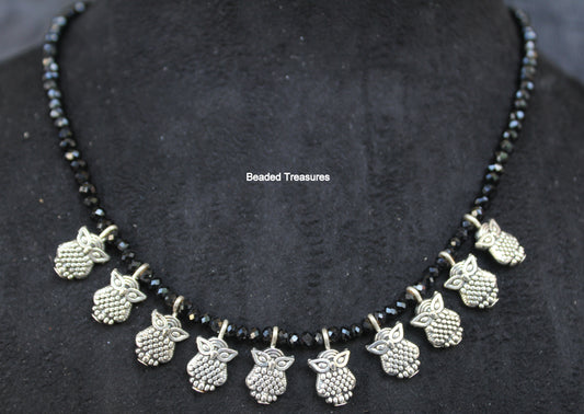 Black Beads German Silver Owl Charm Necklace - Beaded Treasures