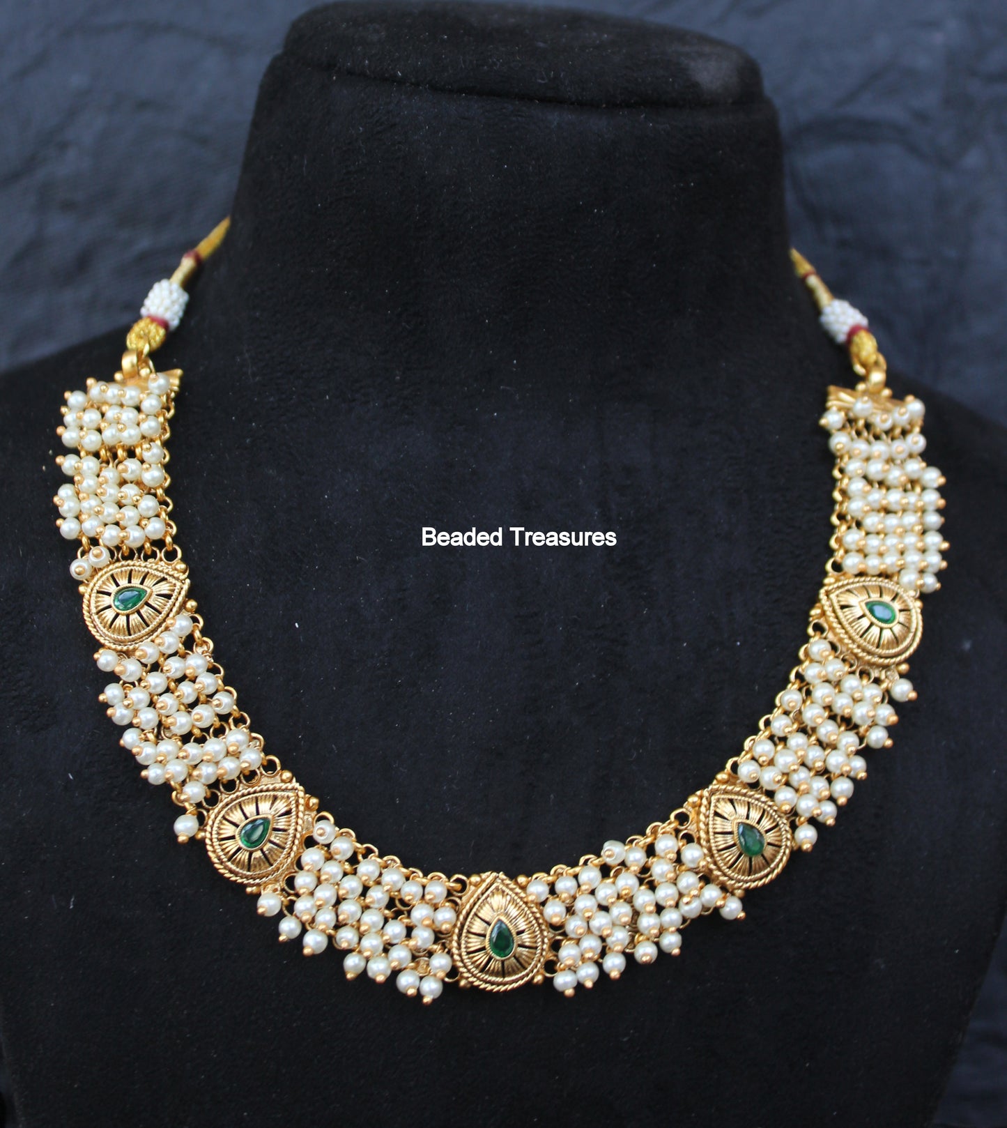 Pearl Guccha Temple Motif Necklace Set with Earrings - Beaded Treasures