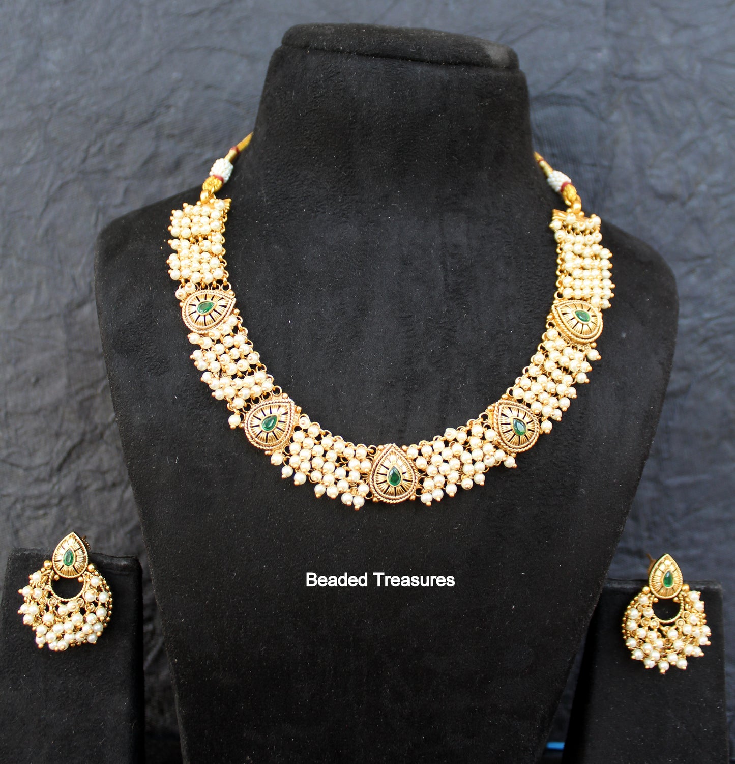 Pearl Guccha Temple Motif Necklace Set with Earrings - Beaded Treasures