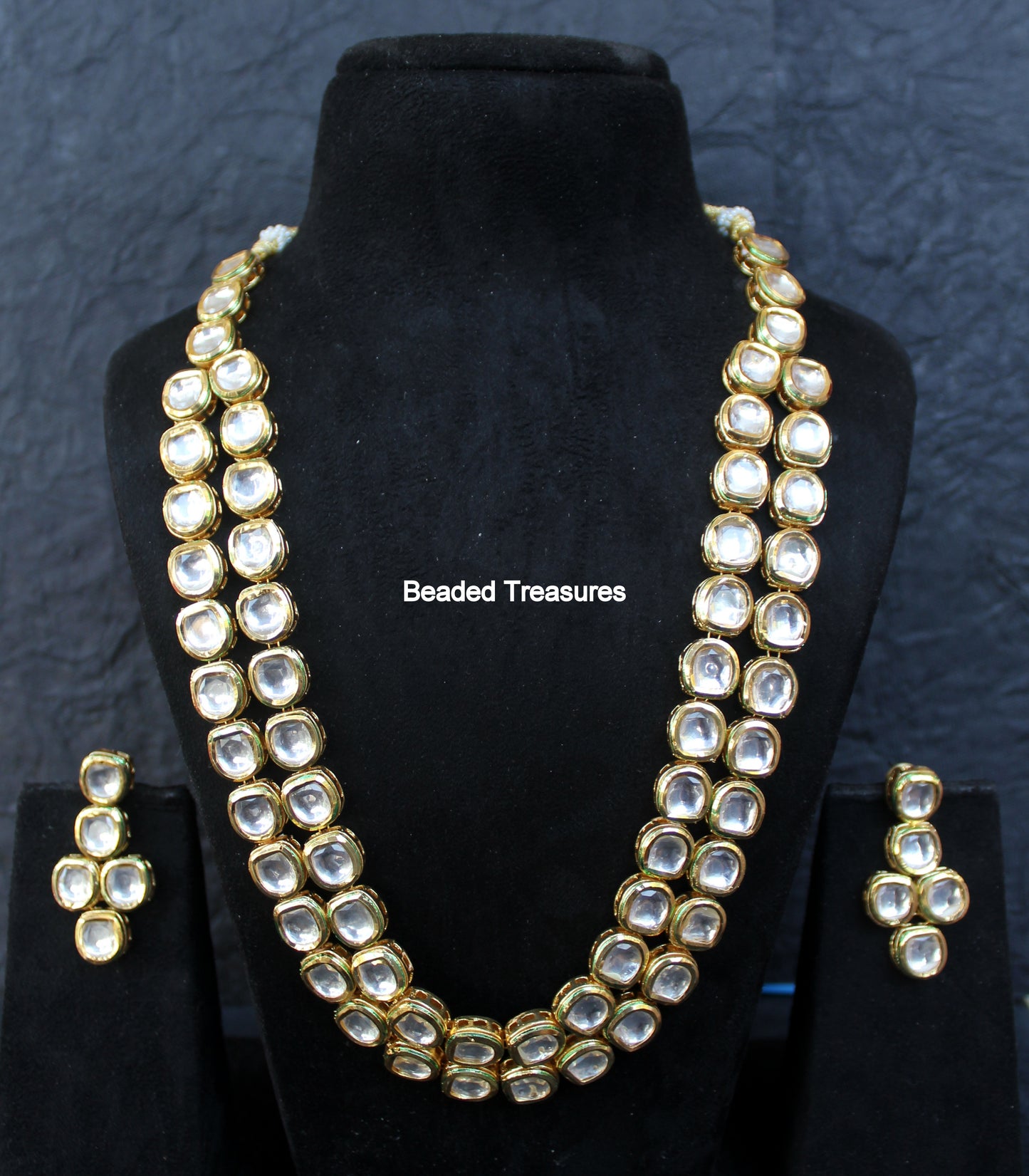 Elegant Two Layer Kundan Necklace Set with Earrings - Beaded Treasures