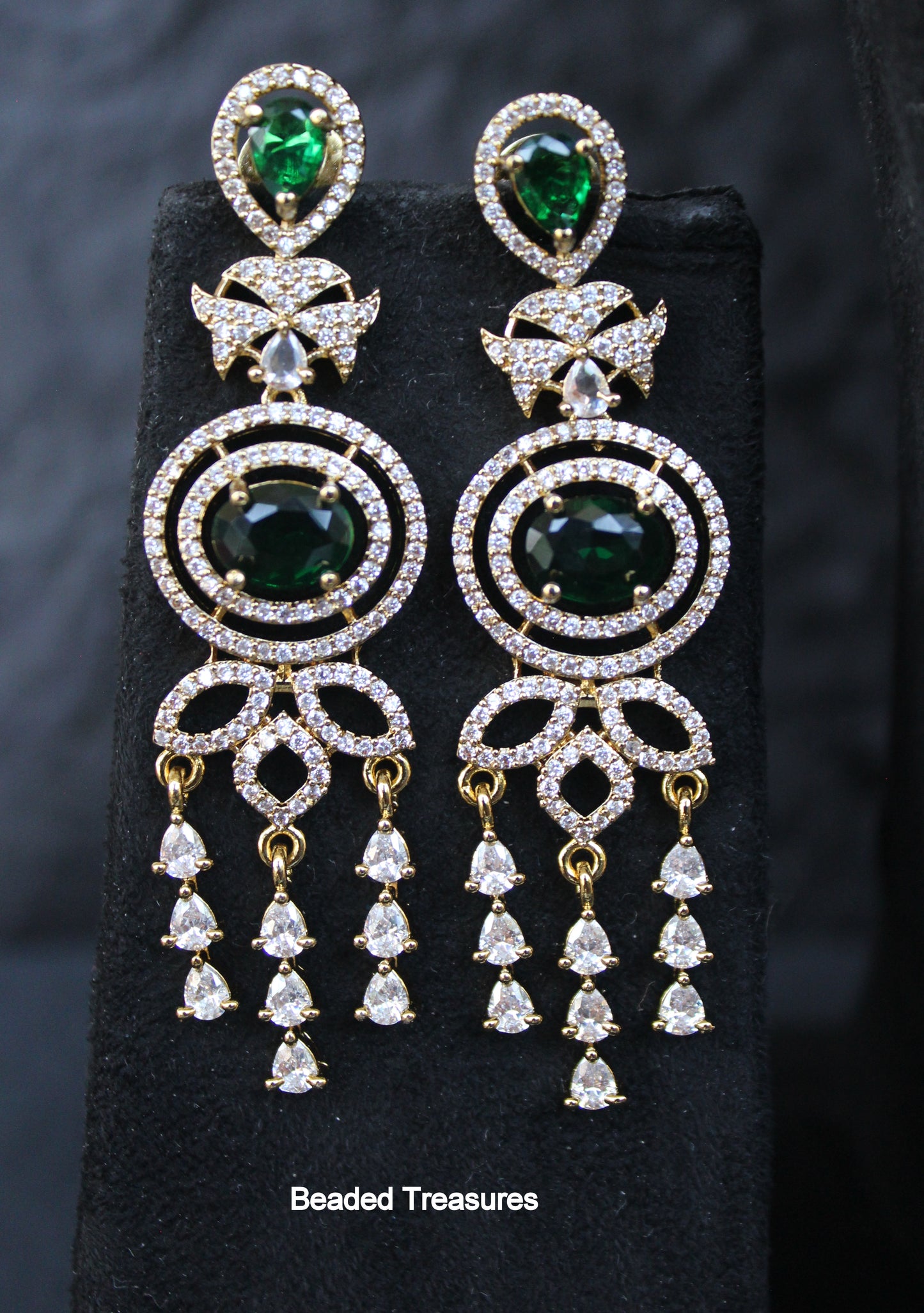 Elegant AD Stone Emerald Pendant Necklace Set with Earrings - Beaded Treasures