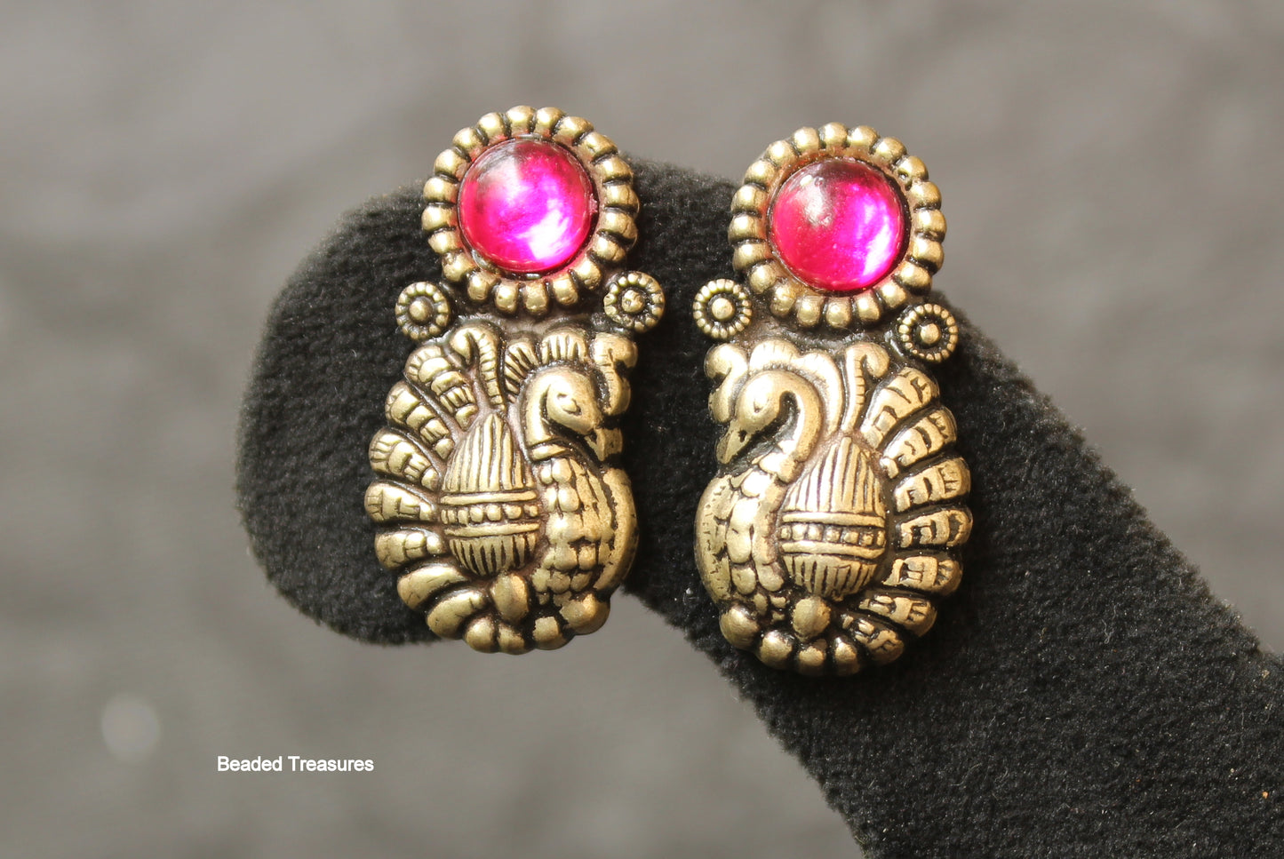 German Silver Peacock Stud Earrings with Pink Stone Accent - Beaded Treasures