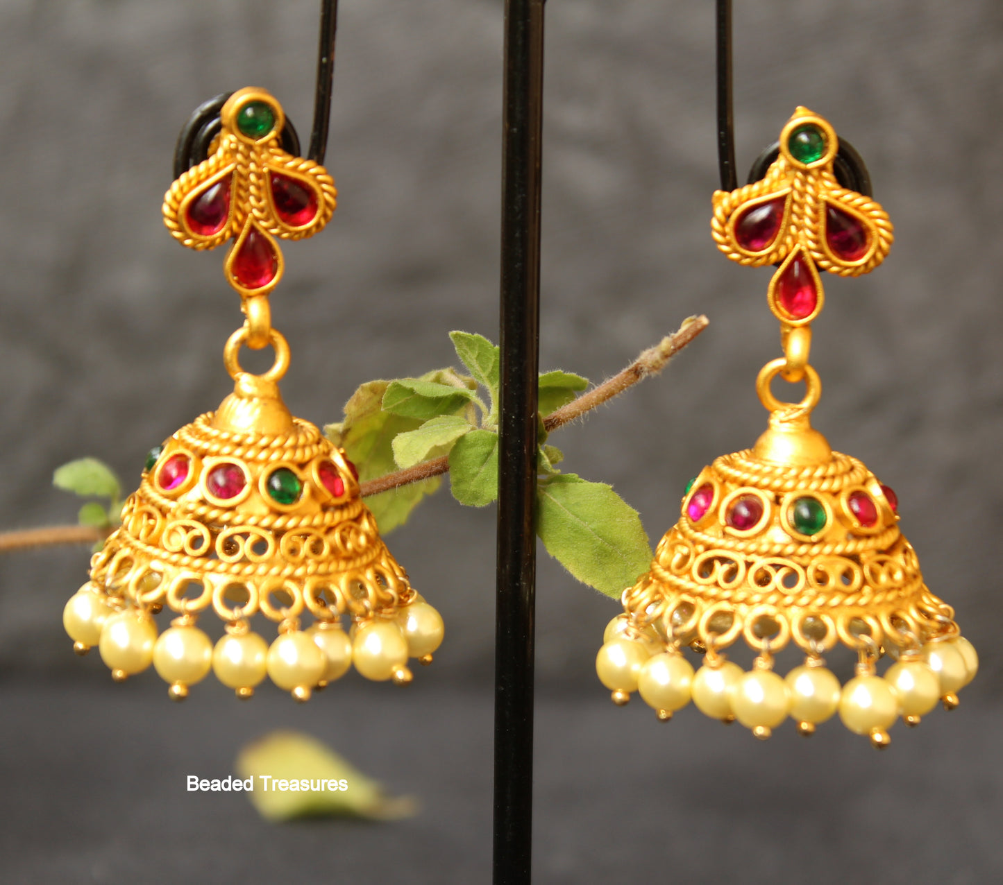 Fancy Kemp & Emerald Stone Jhumka Earrings with Pearl Drops - Beaded Treasures