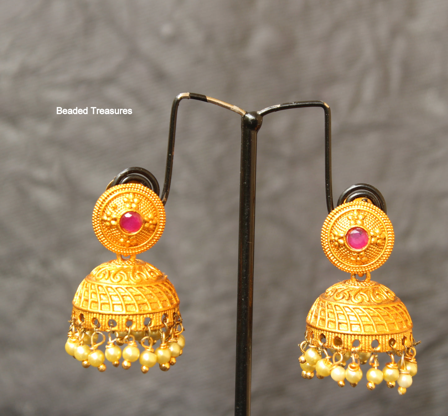 Matte Gold Finish Jhumka Earrings with Ruby Accent & Pearls - Beaded Treasures