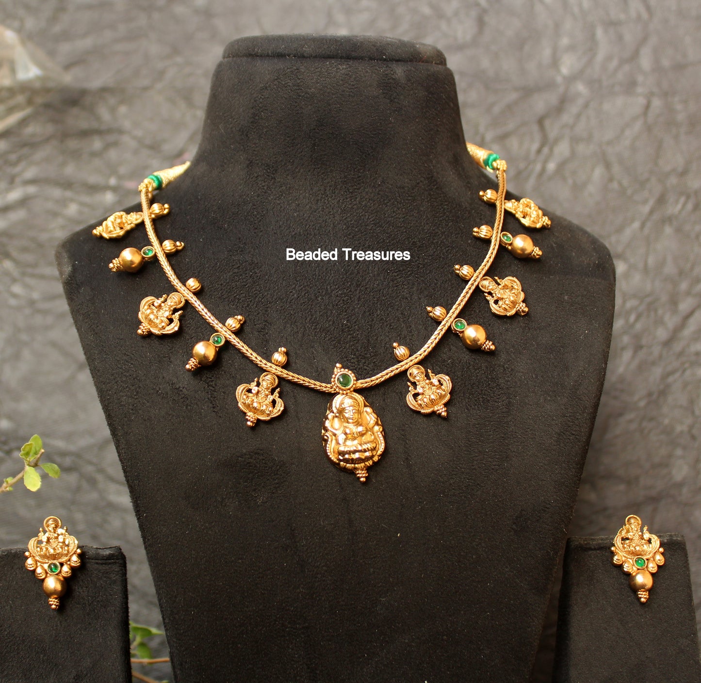 Elegant Matte Gold Finish Lakshmi Devi Thread Necklace Set - Beaded Treasures