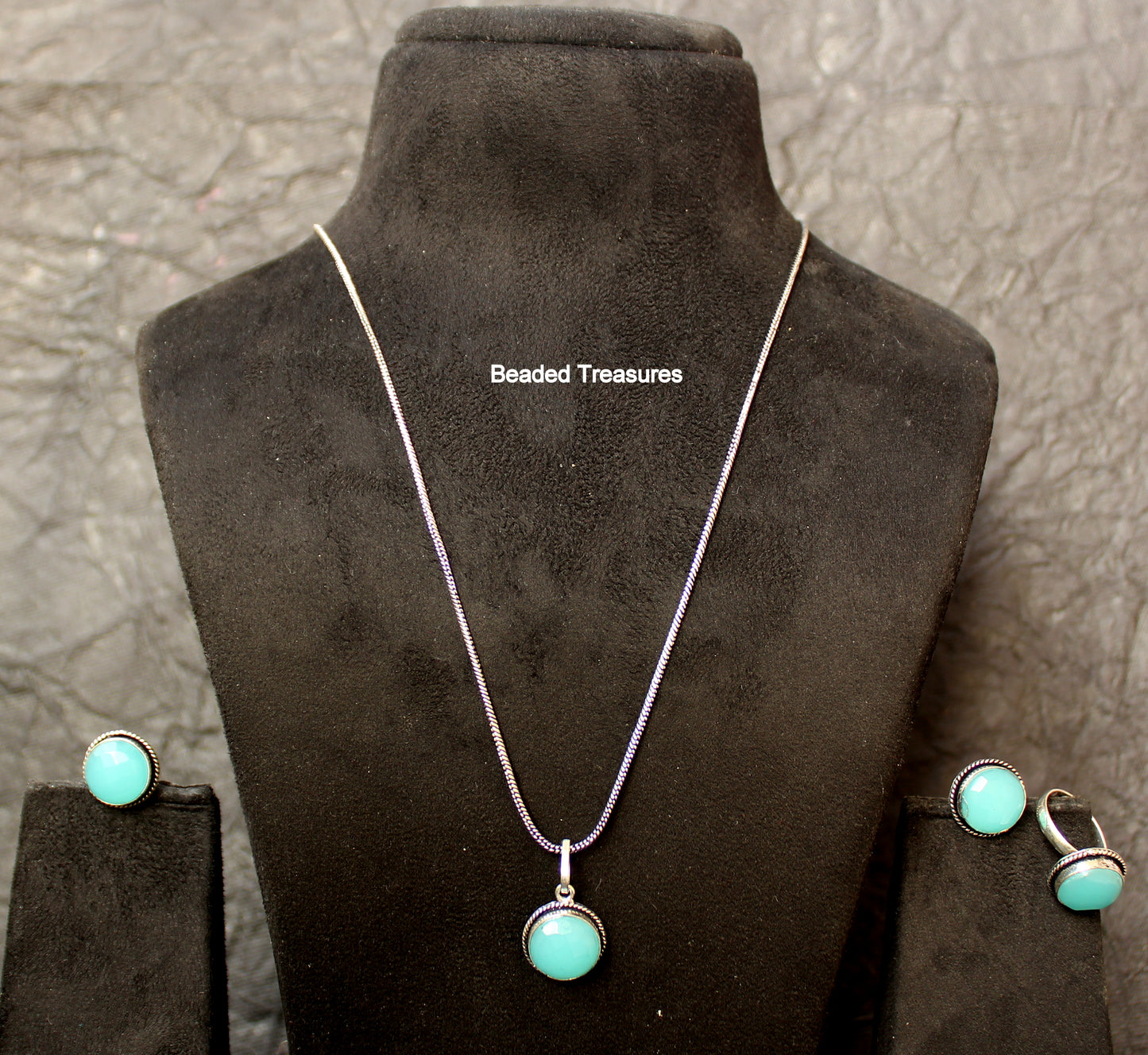 Sterling Silver Larimar Pendant Necklace Set with Earrings & Ring - Beaded Treasures