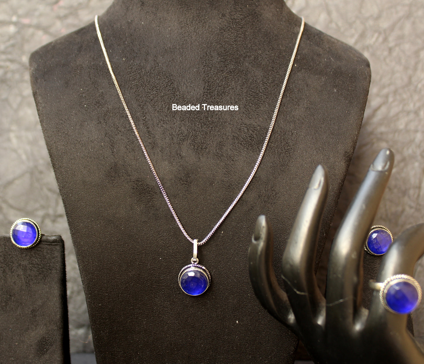 Sterling Silver Blue Moonstone Pendant Necklace Set with Earrings & Ring - Beaded Treasures