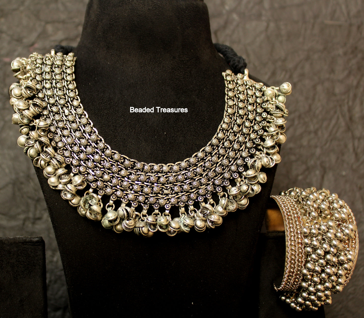 Oxidized Silver Tribal Necklace and Bracelet Set - Beaded Treasures