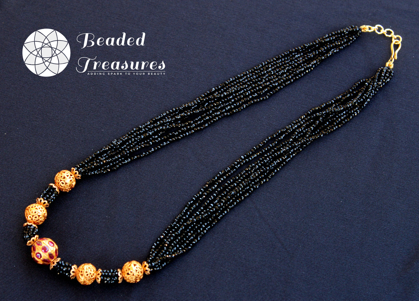 Black Beads Radiant Gold Pendant Necklace - Beaded Treasures