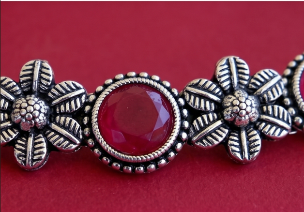 Oxidised Silver Ruby Stone Necklace Set - Beaded Treasures