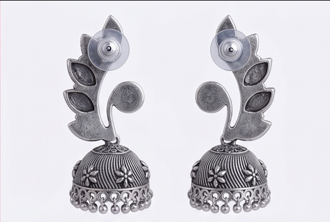 Oxidized German Silver Jhumki Earrings with Green Stones - Beaded Treasures